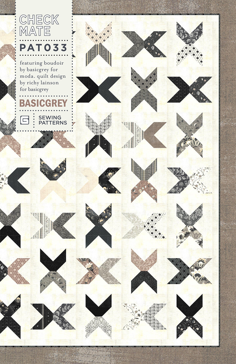 Checkmate 'X' quilt made in a layer cake of Boudoir fabric by BasicGrey for Moda Fabrics.