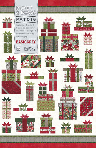 Boxes and Bows quilt by BasicGrey. Cute gift quilt blocks made in Hustle & Bustle fabric by BasicGrey for Moda.