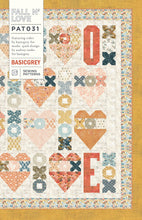 Load image into Gallery viewer, Fall N&#39; Love heart quilt pattern by Audrey Tanke for BasicGrey. Fat eighth friendly quilt feature hearts, Xs and Os, and lots of L-O-V-E. Featured fabric is Cider by BasicGrey for Moda Fabrics. (Would be cute in Nutmeg fabric.) Download the PDF pattern here.