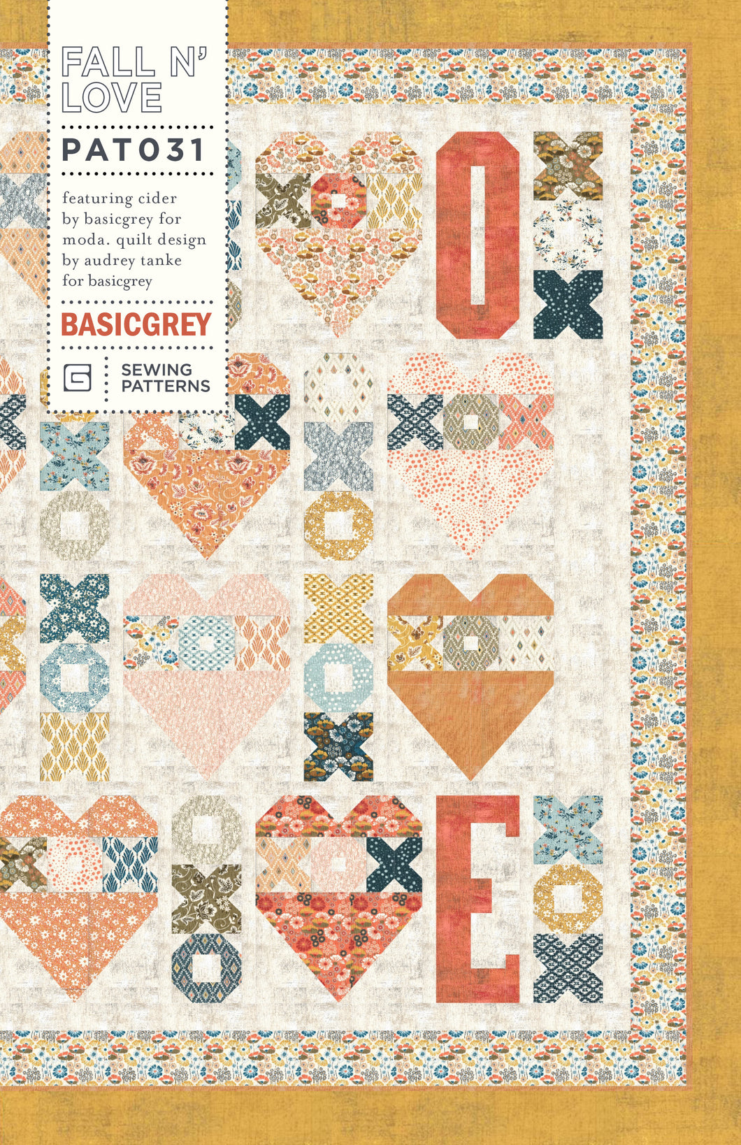 Fall N' Love heart quilt pattern by Audrey Tanke for BasicGrey. Fat eighth friendly quilt feature hearts, Xs and Os, and lots of L-O-V-E. Featured fabric is Cider by BasicGrey for Moda Fabrics. (Would be cute in Nutmeg fabric.) Download the PDF pattern here.